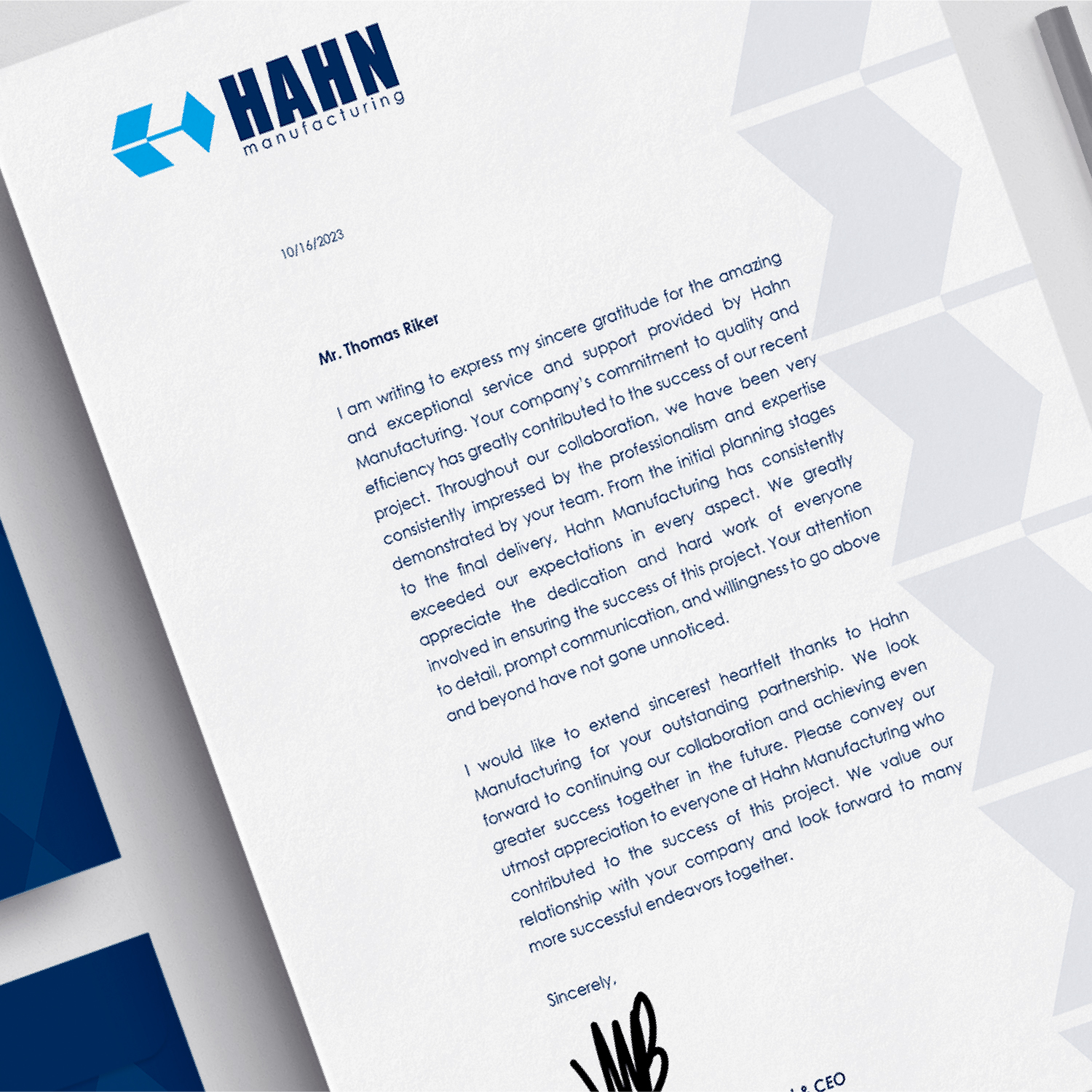 Hahn Manufacturing Letterhead